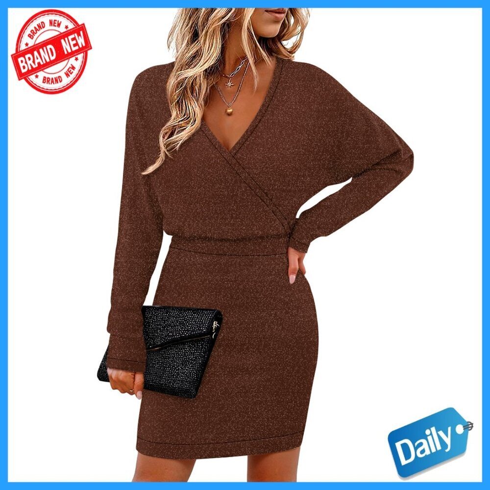 Sparkly Batwing Sleeve V-Neck Bodycon Midi Dress Elegant Cocktail Party Wear